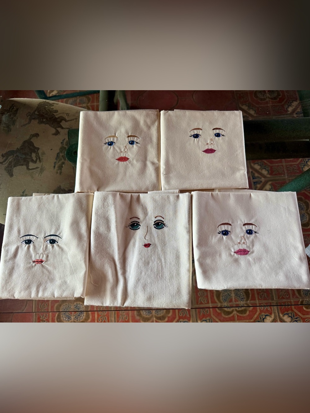 5 Unused Different Vintage Embroidered Faces Quality Large Fabric To Make Dolls